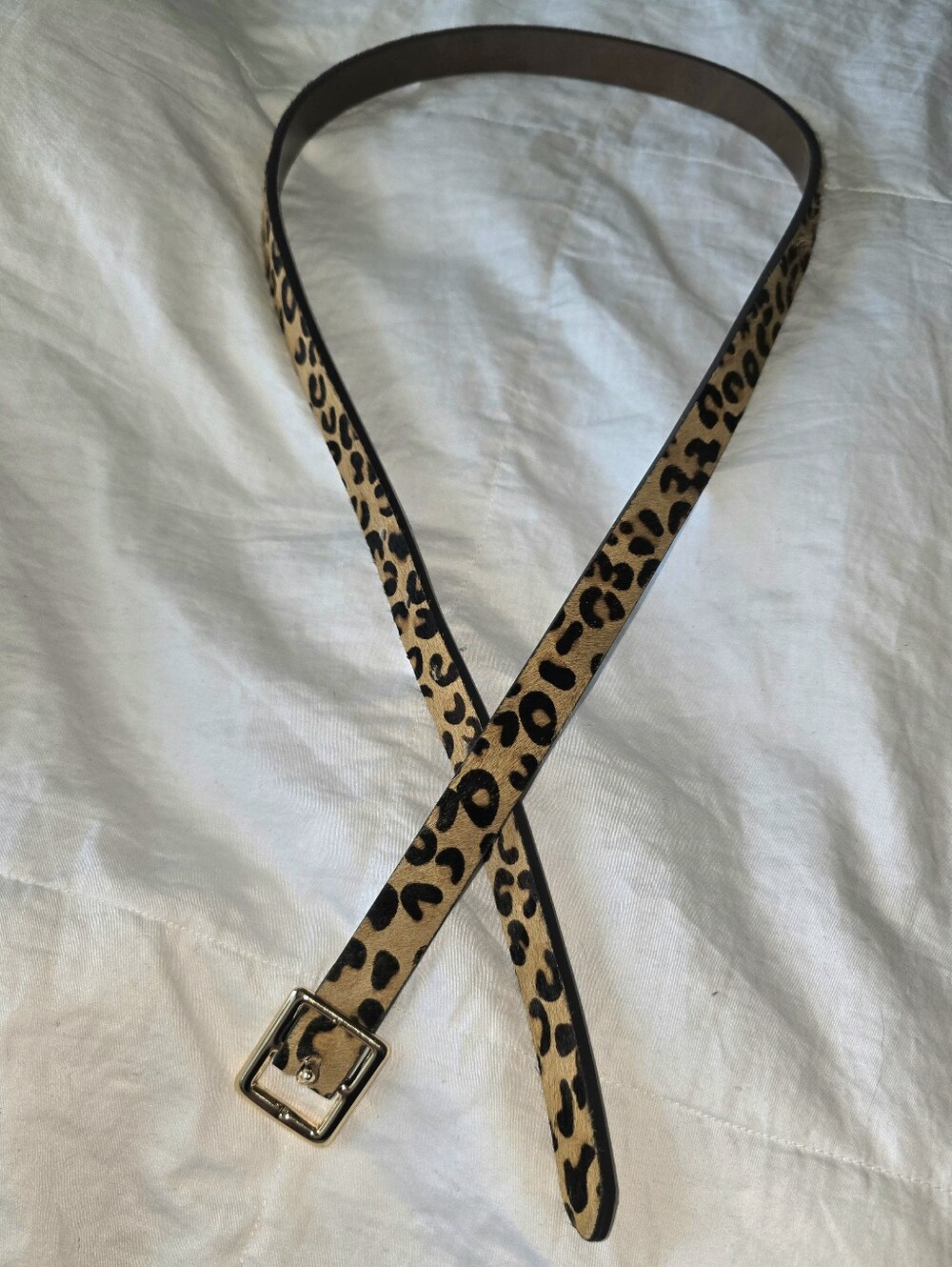 Leopard Print Calf Hair Textured Bonded Leather Gold Buckle Women's Belt Sz Med